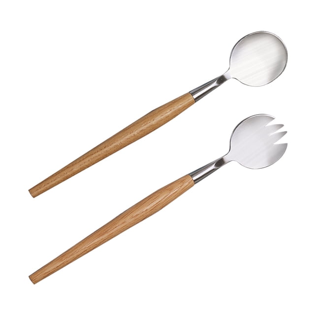FUTUREORYY 2Pcs Salad Serving Fork and Spoon Set Multi Color Stainless Steel Wood for Parties