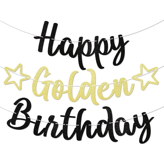 Happy Golden Birthday Banner, Stay Golden Party Decor, 16th, 21st, 30th, 50th, 60th Birthday Party Decorations Gold Black Glitter