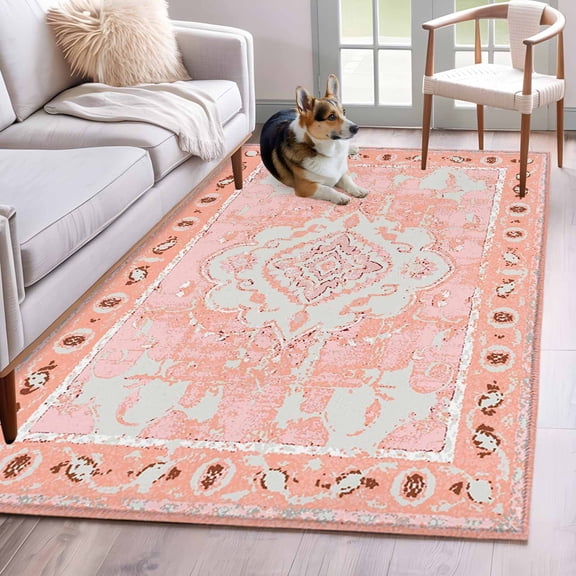 Pink Boho Area Rug 4x6 Washable Rug Non Slip Vintage Abstract Tribal Decorative Oriental Large Area Rug Indoor Floor Carpet for Entryway Bedroom Kitchen Living Room Home Office Dining Room Nursery