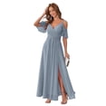 thumbnail image 1 of Vestido de dama de honor Stylefun de gasa con hombros descubiertos, azul empolvado, 1 of 7