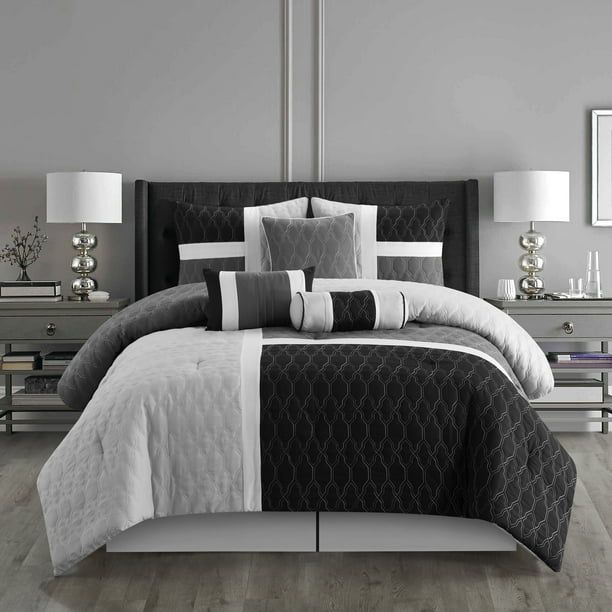 Lanco Rhombus Geometric 7 Piece Comforter Set Grey, Bed Size Queen