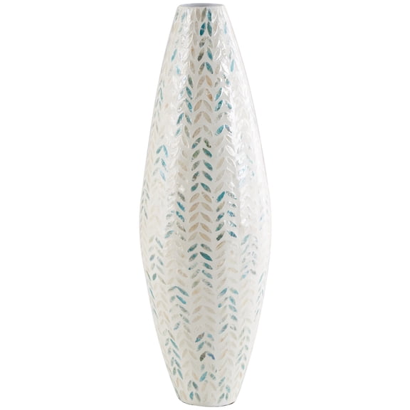 DecMode 33" Leaf Handmade Tall Mosaic Cream Mother of Pearl Shell Vase with Blue Accents