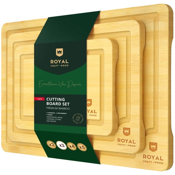 Wood Cutting Board Set - Bamboo Cutting Board with Juice Groove - Kitchen Chopping Board for Meat (Butcher Block) Cheese and Vegetables | Heavy Duty Serving Tray w/Handles (3)