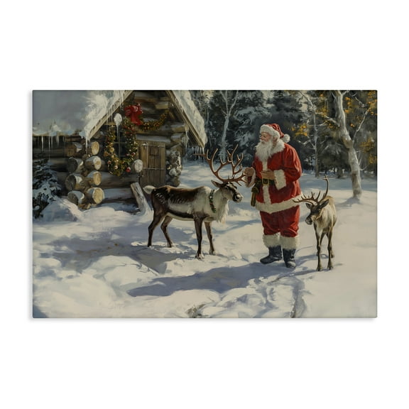 Stupell Industries Santa & Reindeer Scene Holiday Painting Gallery Wrapped Canvas Art Prints Wall Art, 24 x 16