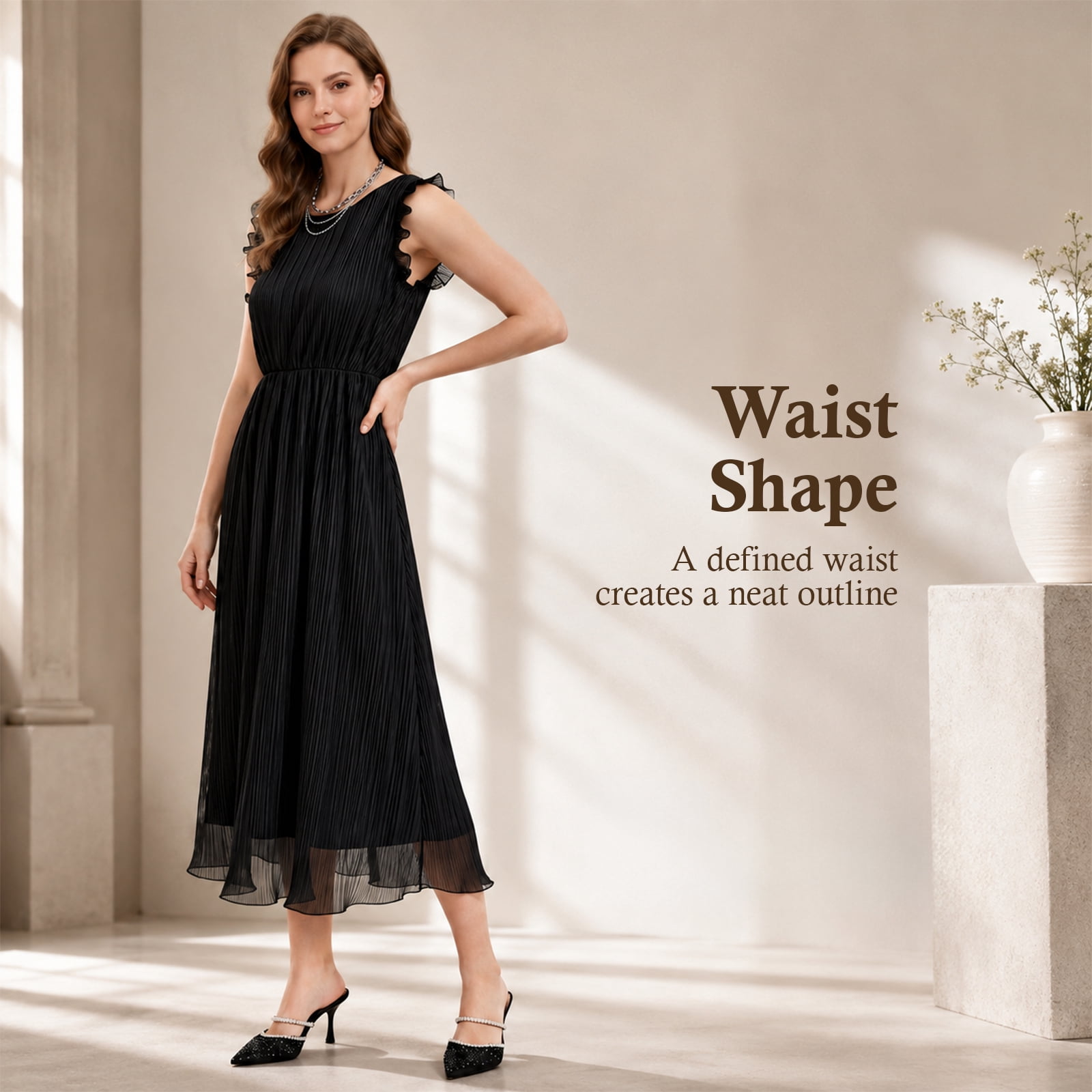 Alvantor Women's Pleated Midi Dress with Ruffle Sleeves, Black