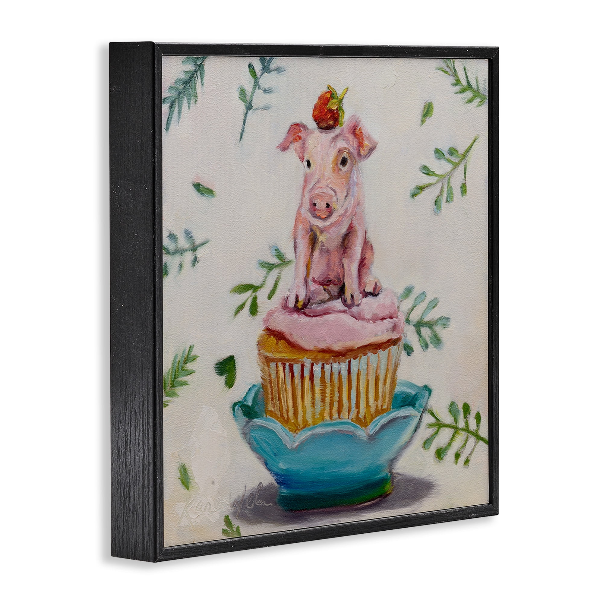 Stupell Industries Teacup Pig on Cupcake Animals & Insects Painting Black Framed Art Print Wall Art, 24 x 24