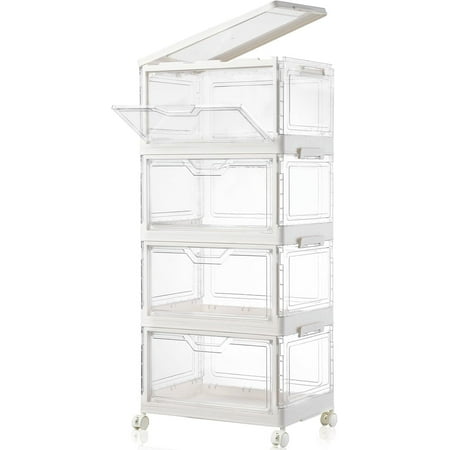 Collapsible Plastic Storage Bins with Wheels | Clear Stackable Design with Lids & Open Door | Foldable Organizer for Closet Bedroom & Living Room