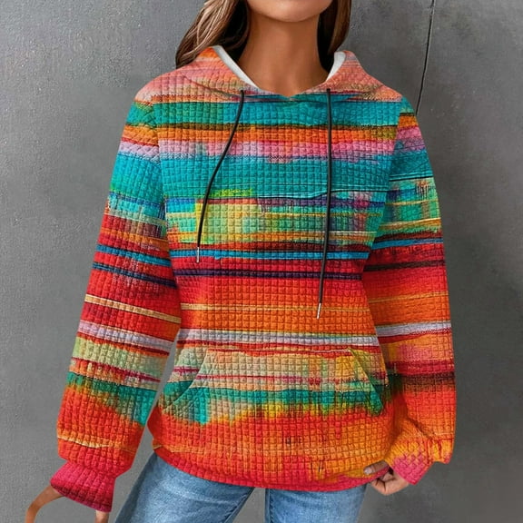 Cxenplz Womens Waffle Knit Hoodie Oversized Bohemia Fashion Multicolored Sweatshirt Casual Drawstring Pullover Tops with Pockets