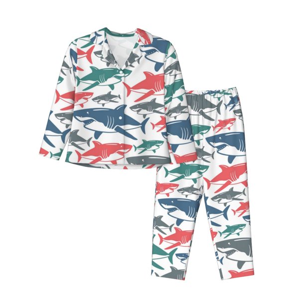 Balery Colorful Shark Conjunto de Pijama con Estampado para Mujer, Conjunto de Dos Piezas con Manga Larga, Ropa de Dormir Suave con Bolsillos, Pijamas Cómodos-X-Large