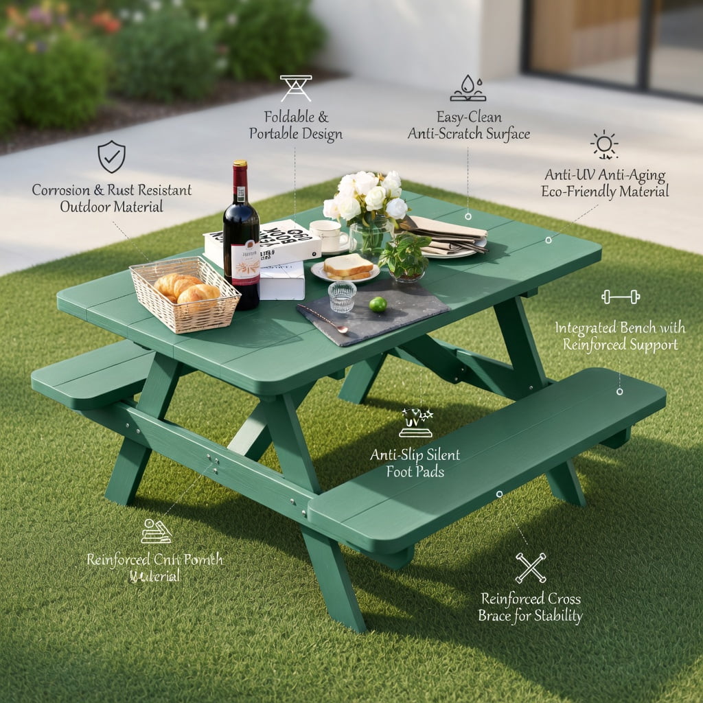 Hommoo Heavy-Duty Outdoor Picnic Table & Bench Set, HDPE Wood-Grain Finish, All-Weather Backyard Patio Furniture, Black