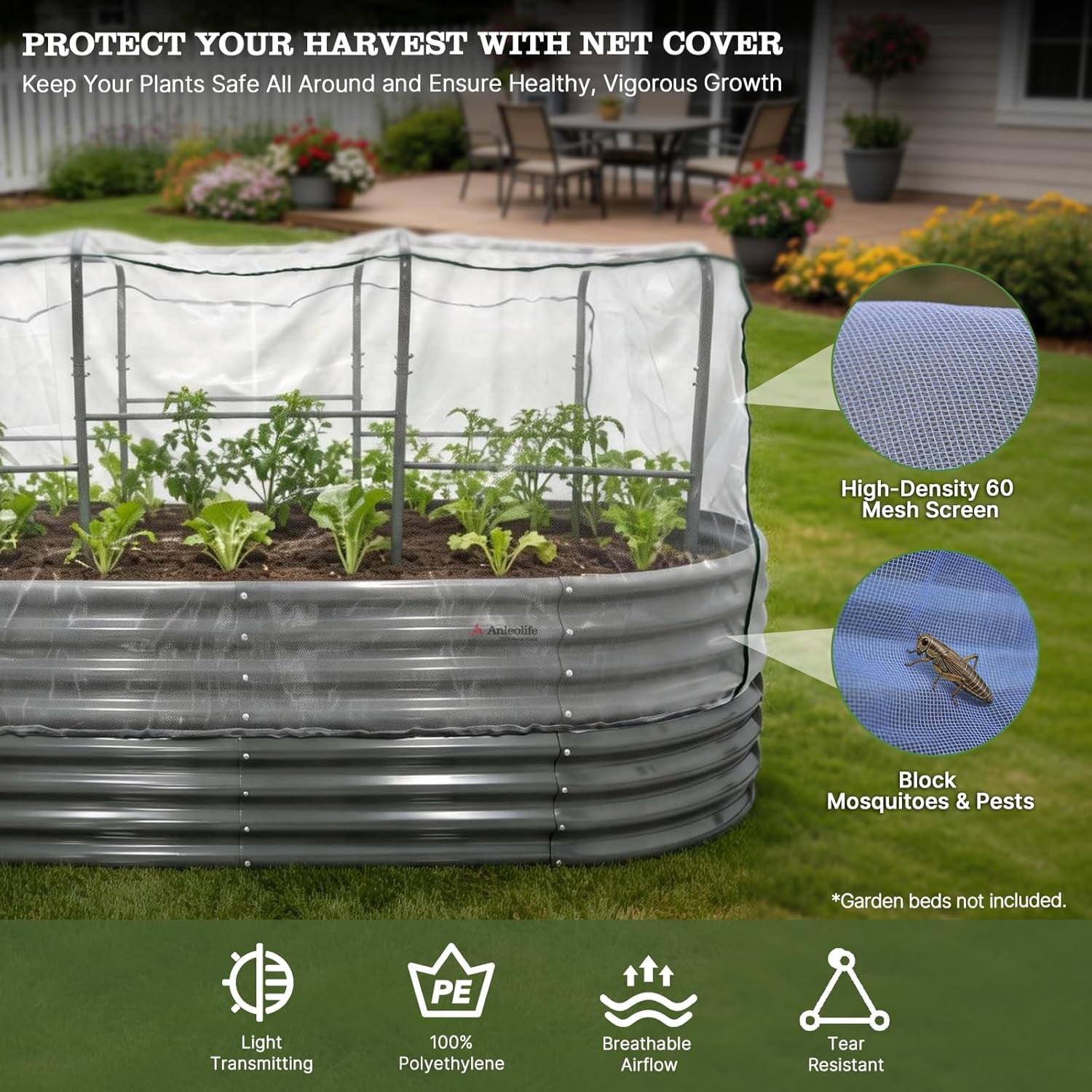 A ANLEOLIFE Trellis System with Net Cover, Garden Tunnel Trellis for Raised Beds, Mini Greenhouse Nursery Cage, 60 Mesh PE Insect Netting, Breathable Pest Barrier for Seedlings & Climbing Vegetables