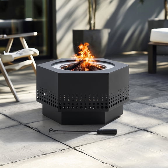 Sunjoy 28 In Smokeless Fire Pit with Removable Ash Pan, Outdoor Portable Wood Burning Fireplace with PVC Cover and Fire Poker ,Ideal for Camping, Bonfire, and Backyard, Black