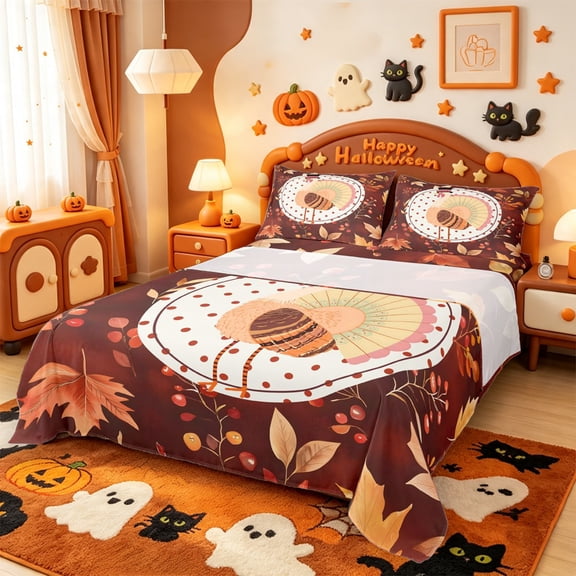Manfei Colorful Fall Leaf Pattern Bed Sheets,Thanksgiving Turkey Print Full Size Sheets,4pcs,1 Flat Sheet,1 Fitted Sheet and 2 Pillowcases