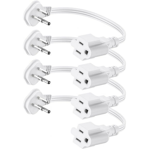 Flat Plug 1Ft Short Extension Cord, White 90-Degree Plug Low Profile Power Adapter, 3-Prong Indoor Grounded Small Extension Cord 16AWG 13A 1625W 4 Pack