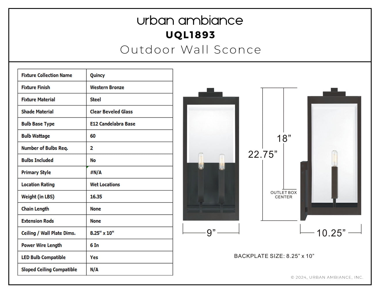 Luxury Modern Farmhouse Wall Sconce, Large Size: 22.75''H x 9.00''W, with Modern Style Elements, Western Bronze Finish, UQL1893 from the Quincy Collection by Urban Ambiance