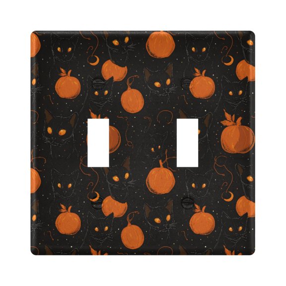 Black Cat and Pumpkin Toggle Switch Wall Plate 2-Gang Unbreakable Durable PC Flush Fit Round Edge 4.48x4.56in