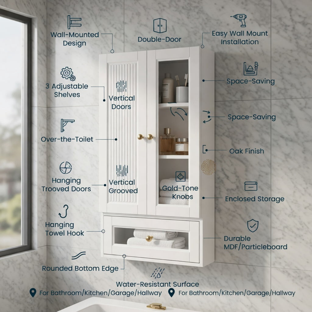 Hommoo Modern LED Bathroom Medicine Cabinet with Anti-Fog Mirror, Warm White Lighting & Wall-Mounted Aluminum-Plastic Design, Single Door, White