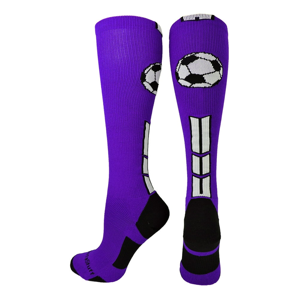 MadSportsStuff Soccer Socks with Soccer Ball Logo Over the Calf (Purple/Black/White, Medium