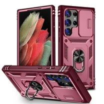 Military Grade Drop Impact for Samsung Galaxy S23 Ultra Camera Lens Slide Protection Case 360 Metal Rotating Ring Kickstand Holder Armor Shockproof Case For Samsung Galaxy S23 Ultra, Pink Winered
