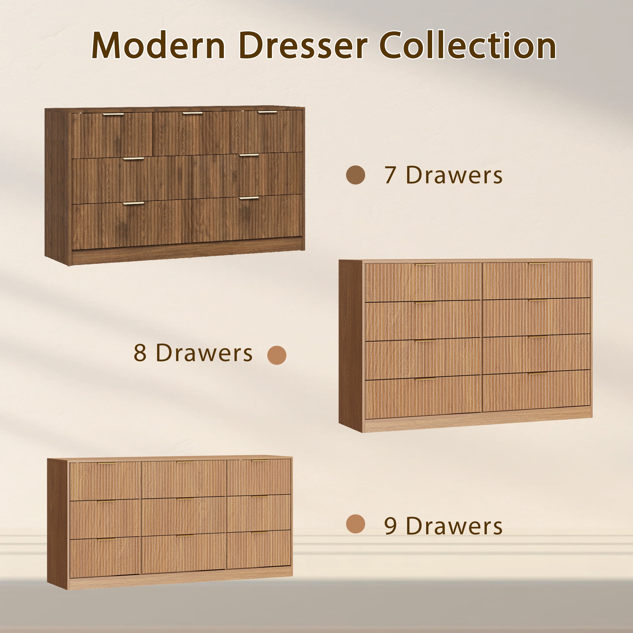 YouTrend Burlywood 9 Drawer Dresser for Bedroom,Modern Adult Fluted Wood Chest of Drawer with Golden Embedded Handles for Living Room,Hallway