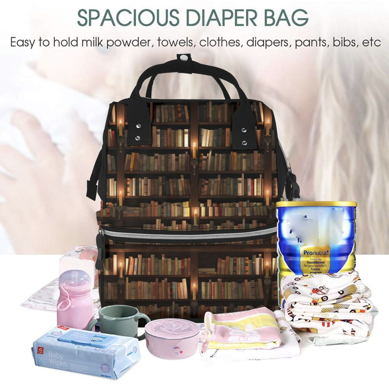 Ratiio Bookshelves Mummy Backpack - Waterproof Twill Canvas, Large Capacity Diaper Bag with Multiple Pockets and Adjustable Straps