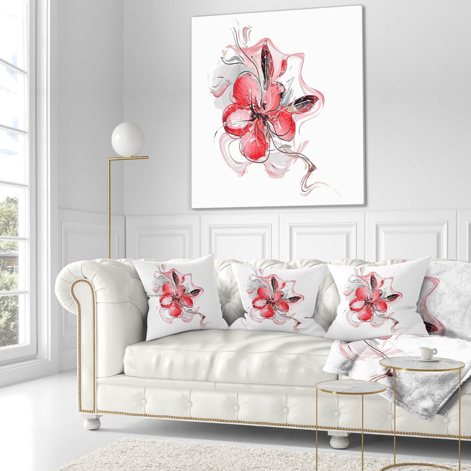 Designart Red Floral Watercolor Sketch - Animal Throw Pillow - 18x18