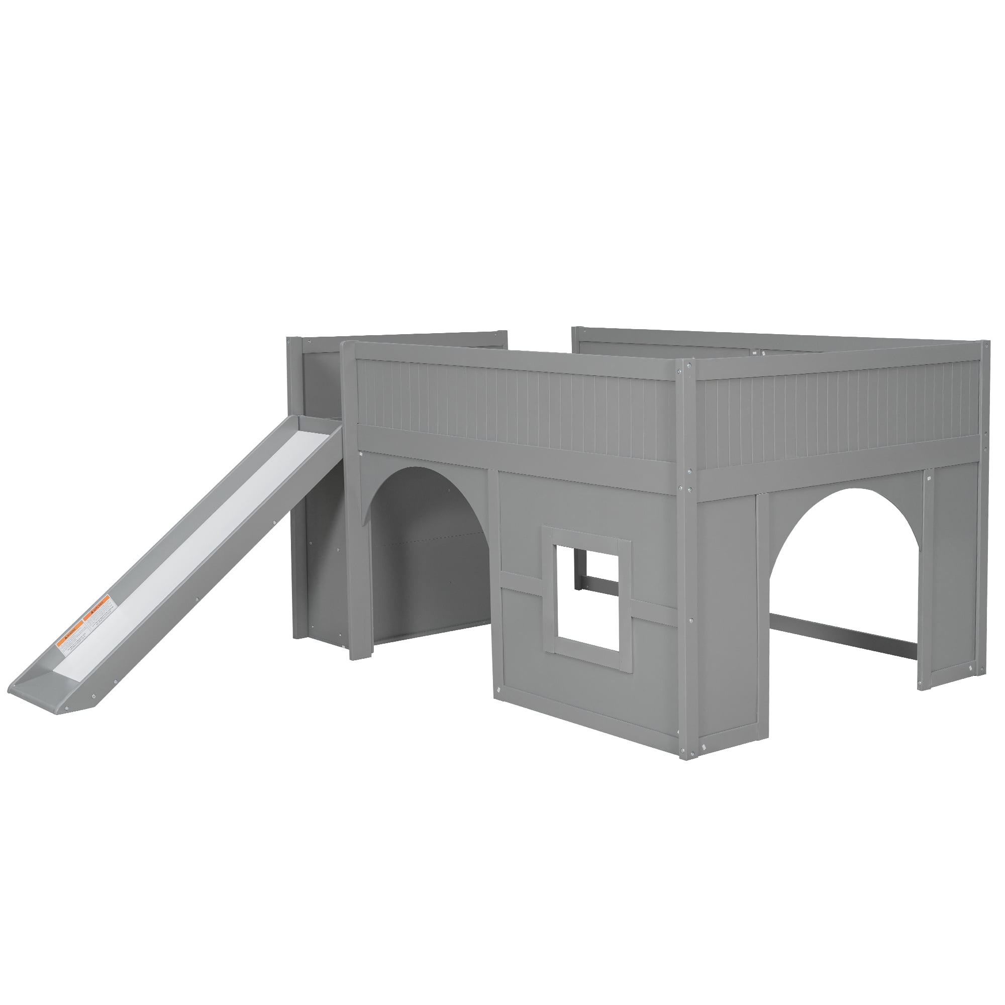 Euroco Full Size Loft Bed with Shelves and Ladder, Low Profile Wood Bed with Door and Window Design, Gray