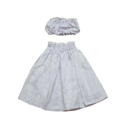 Hawaiian Print Young Girl Hula Skirts For 5 to 8 Years Old Girls Pa'u Hula White Flower on White Skirts with Matching Top