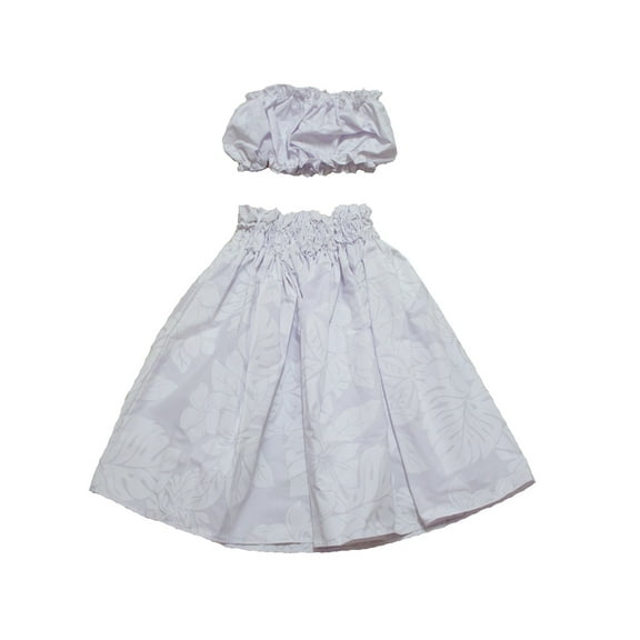 Hawaiian Print Young Girl Hula Skirts For 5 to 8 Years Old Girls Pa'u Hula White Flower on White Skirts with Matching Top