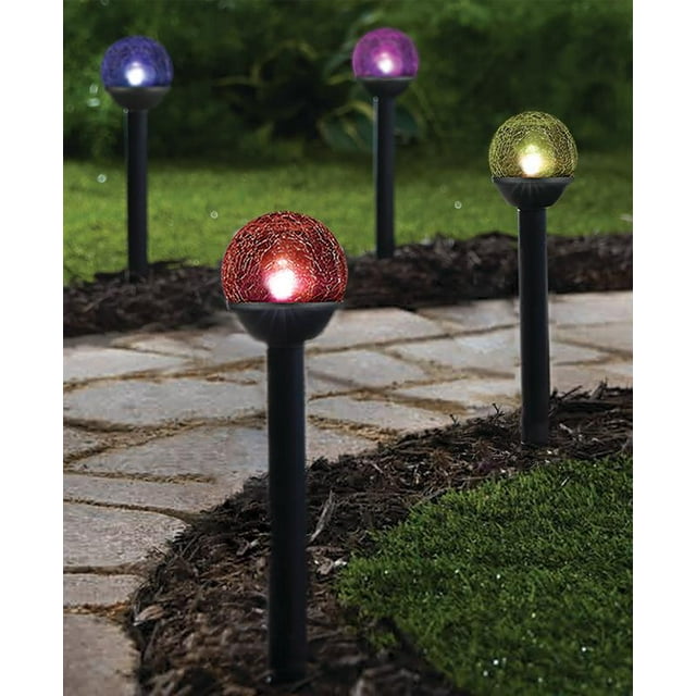 Mainstays Color Changing Solar Landscape Crackle Glass Pathway Light, 4-Pack