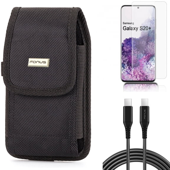 6ft Long USB-C Cable w Screen Protector w Case Belt Clip for Samsung Galaxy S20 Plus - PD Fast Charger Cord Power Wire, Tempered Glass [Fingerprint Unlock] 3D Curved Edge, Rugged fits Galaxy S20 Plus