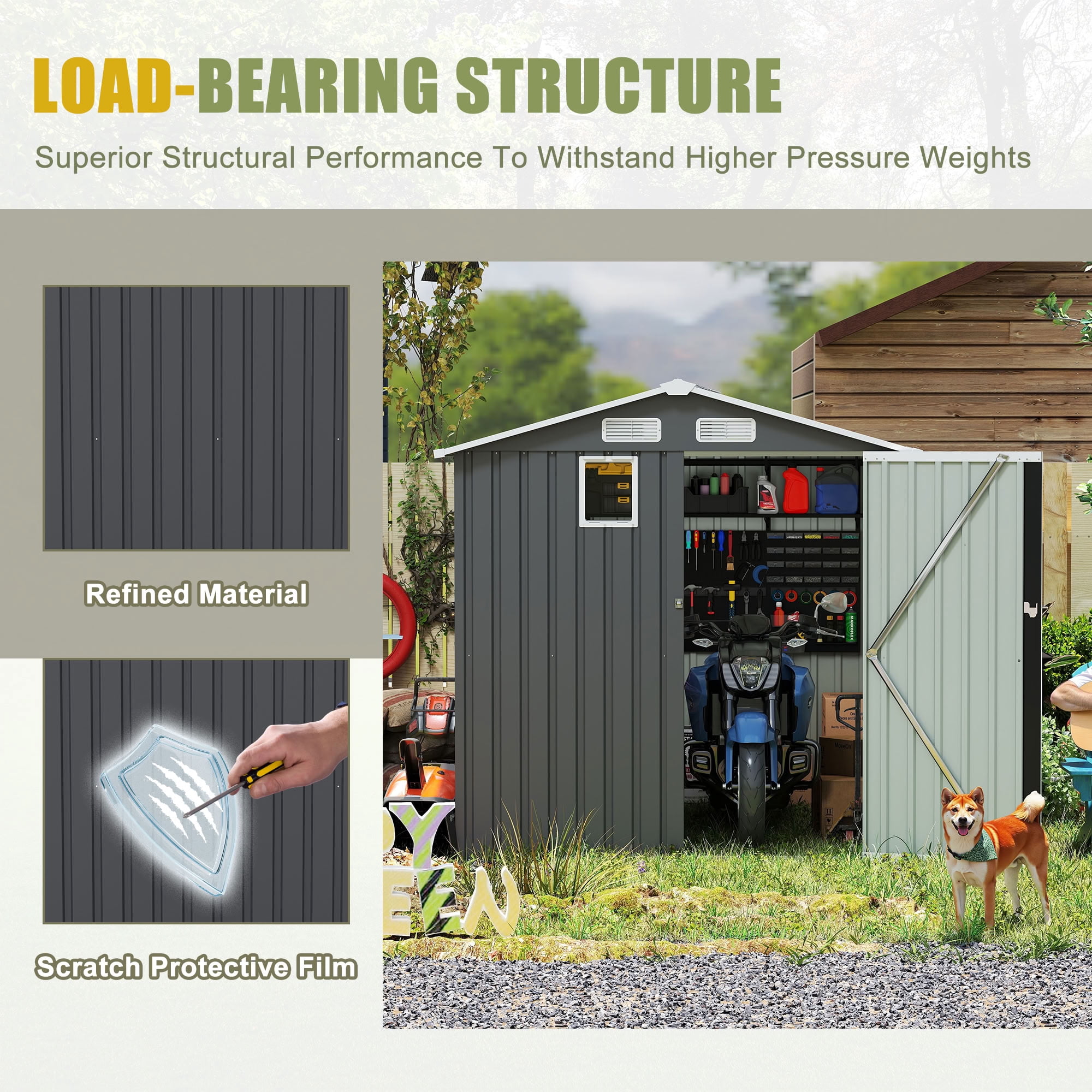 MAYEERTY 6x8FT Outdoor Storage Shed with Lockable Doors & Window, Metal Tool Shed with Vents, for Backyard, Patio, Garden, Bike & BBQ Grill Storage