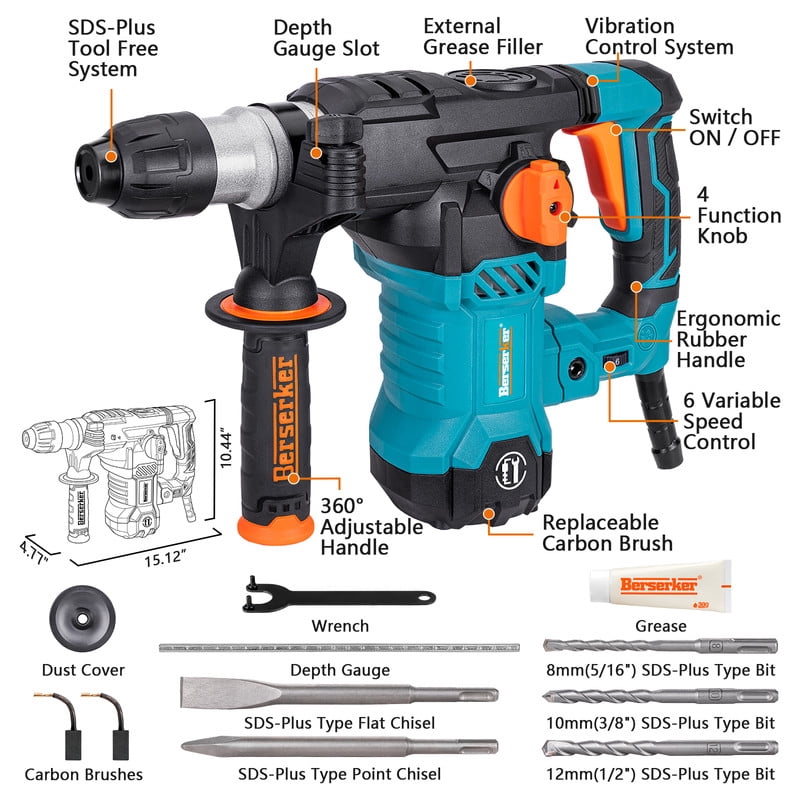 BERSERKER 1-1/4" SDS-Plus Rotary Hammer Drill, 12.5 Amp, Vibration Control, Safety Clutch, 4 Functions, Case