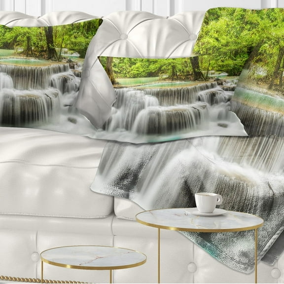 Designart Panoramic Erawan Waterfall - Landscape Photography Throw Pillow - 12x20