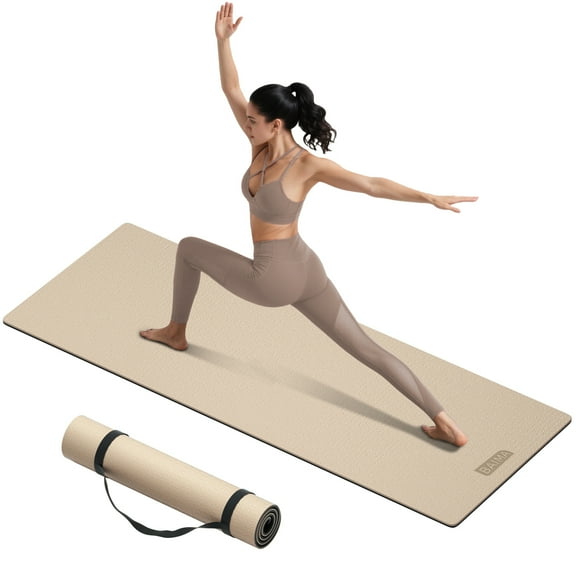 BAIMA Large Yoga Mat Thick Extra Wide and Long, Roll-up Pilates Mats, Eco TPE Double-Sided Exercise Pad with Carry Strap(Milkcoffee Black)