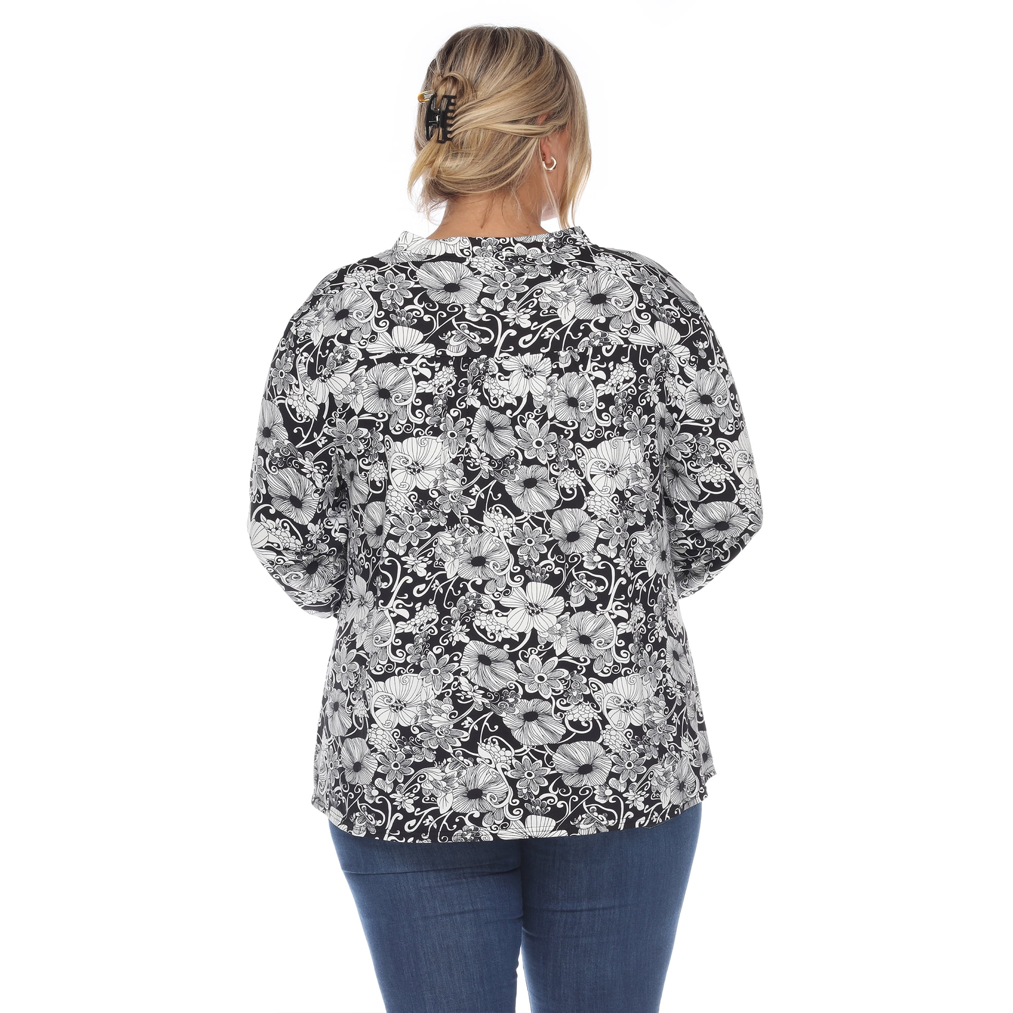 White Mark Women's Plus Size Pleated 3/4 Sleeve Floral Print Blouse