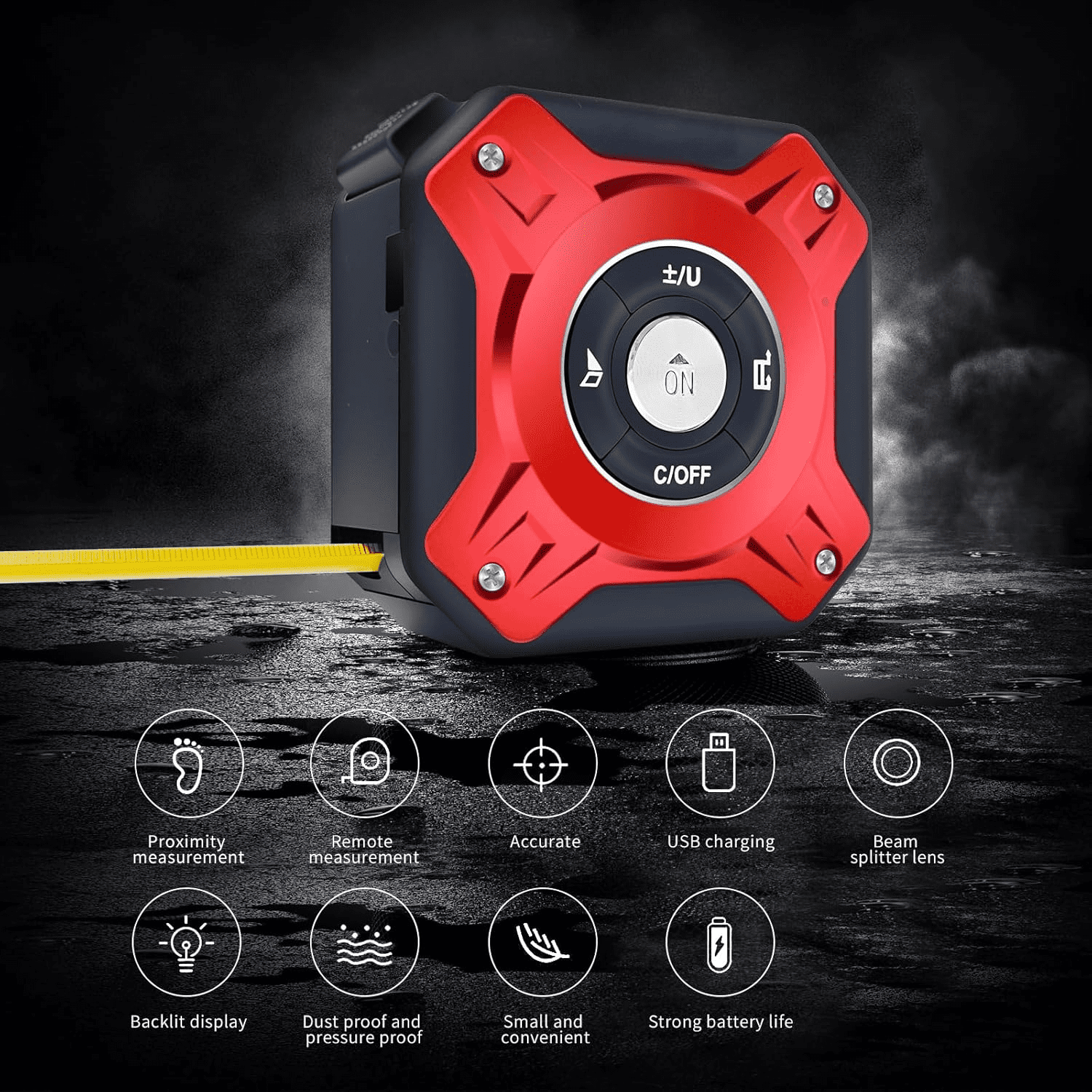 5 in 1 Laser Tape Measure with Level | 196ft/60M Laser Distance Meter Display On Backlit LCD Screen with 16ft/5m AutoLock Measuring Tape | Ft/Inch/Fractions/M/mm (Red 2in1 Laser)
