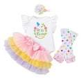thumbnail image 2 of FASHOFT Baby Girl Easter Outfit Short Ruffle Sleeve Letter Print Romper Bowknot Tutu Skirt With Socks Headbands 4 Piece Outfits Set Multicolour2 12-18 Months, 2 of 4