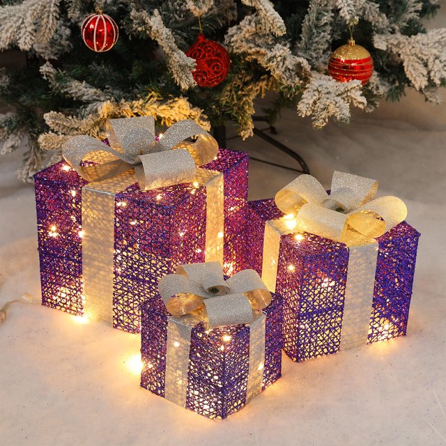 2025 Christmas Light Up Gift Boxes For Christmas Decorations Three Different Size Of Gift Box With Warm LED Lights Xmas Indoor