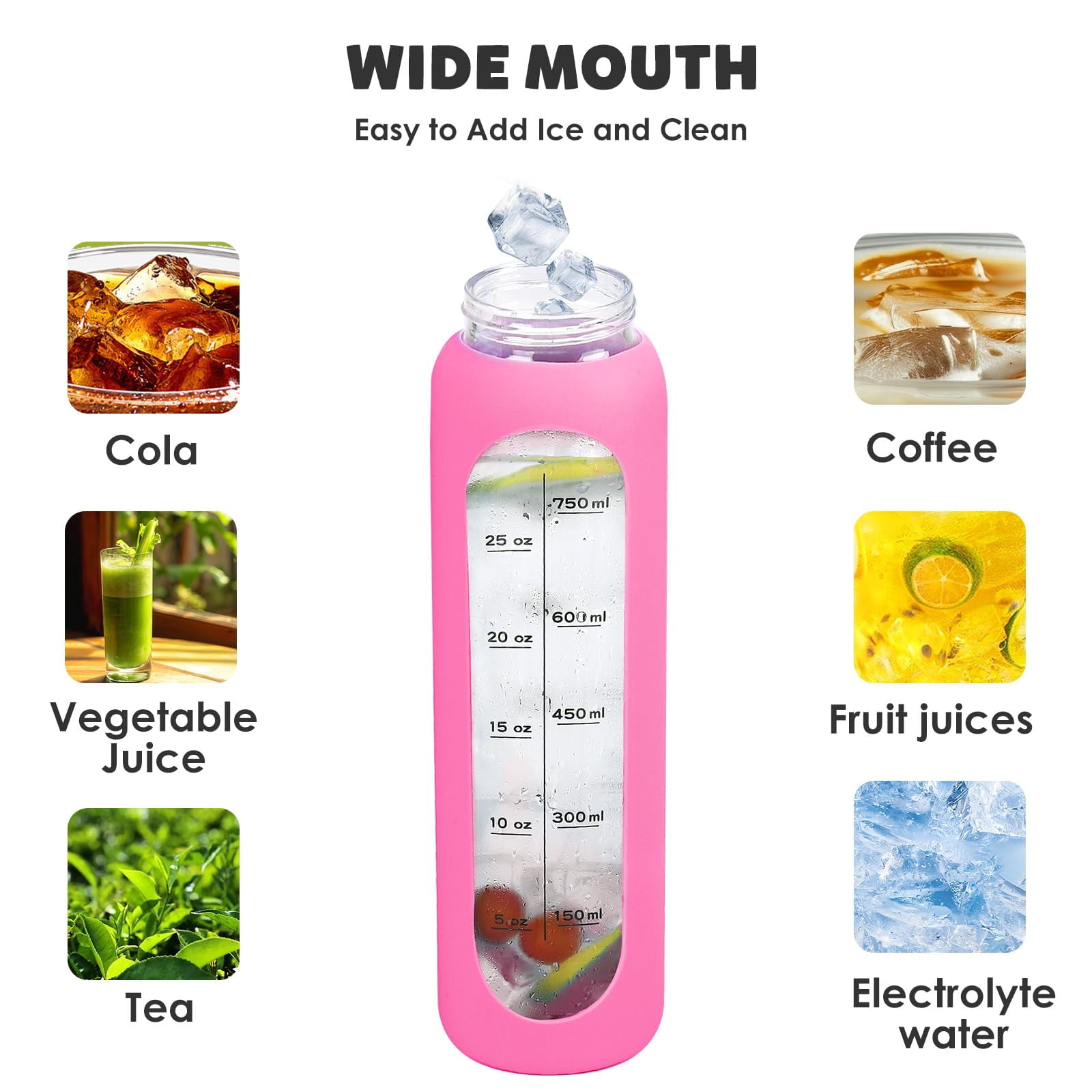 Glass Water Bottles 32oz with Silicone Sleeve Drinking Hydration Bottles Reusable Borosilicate Wide Mouth Motivational Water Flask Canteen with Time Marker Spout Lid and Brush