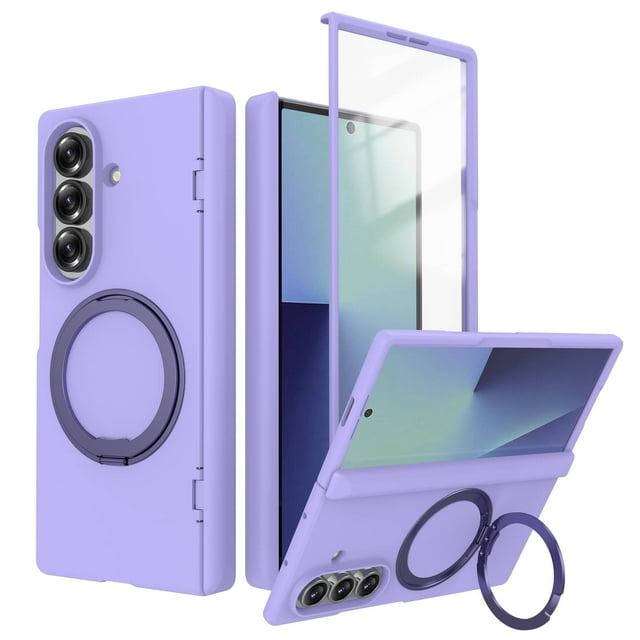 Magnetic Case for Samsung Galaxy Z Fold 7 with 360 Kickstand & Ring Holder - Full-Body Shockproof Protective Cover with Built-in Screen Protector & Hinge Protection, Slim Fit