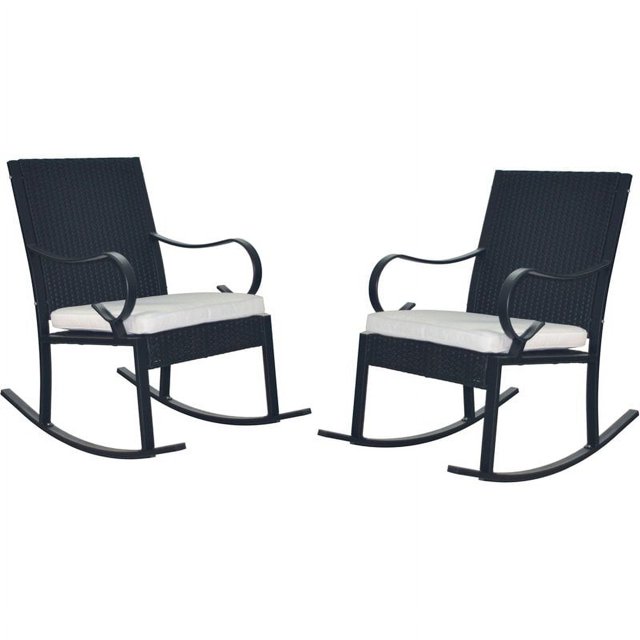 Noble House Harmony Wicker Rocking Chair & Cushion (Set of 2) Black/White