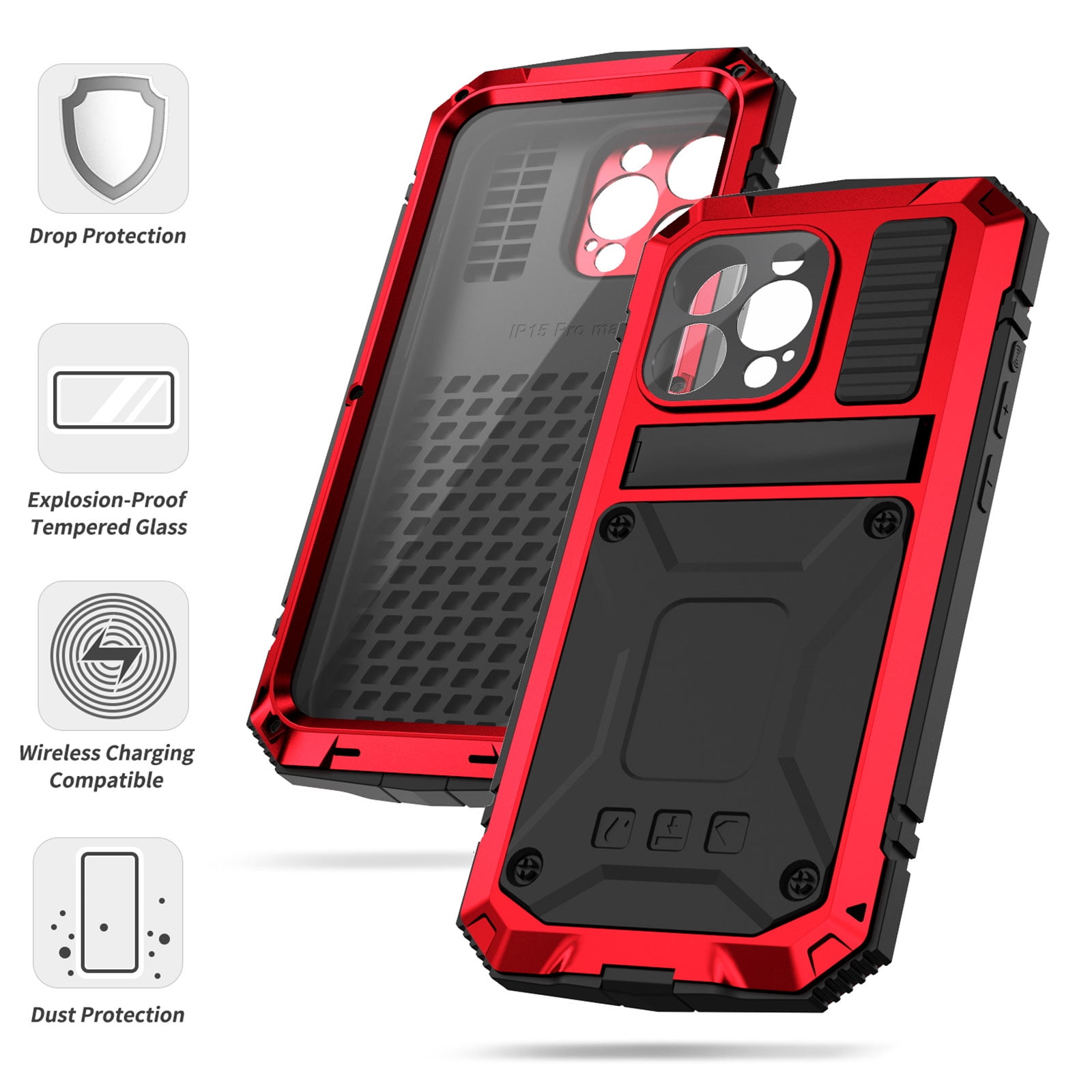 Dteck for iPhone 15 Pro Case,Outdoor Sports Military Heavy Duty Metal Cover Shockproof Dustproof Full Body Case with Built in Tempered Glass Screen Protector Hybrid Kickstand Cover,Red