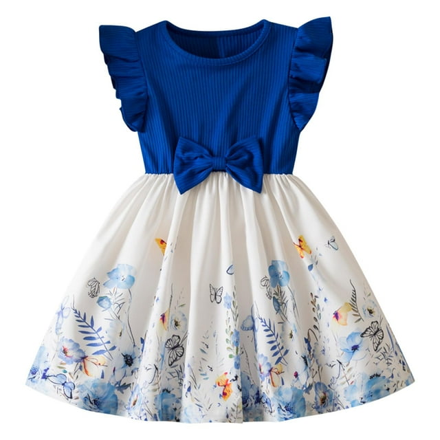 Yanlir Robe d'Été pour Filles Couleur Unie Manches Courtes Col Rond Ceinture Élastique avec Poches Robe Décontractée Confortable en Mélange de Coton pour Enfants (Bleu1,9 Mois)