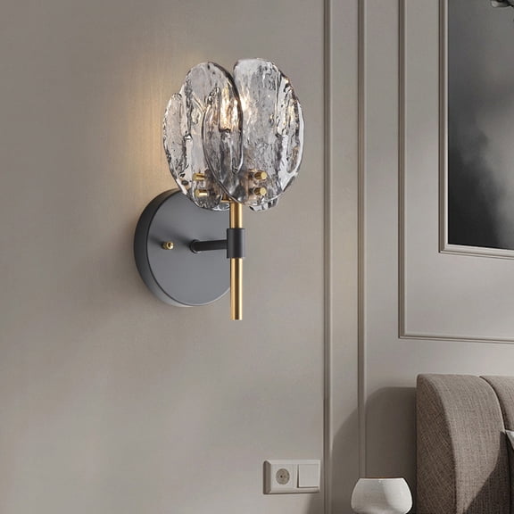 Stylish Wall Sconce with Smoky Textured Glass Shade, Matte Black E12 Wall Light for Bathroom Vanity, Bedroom, Hallway