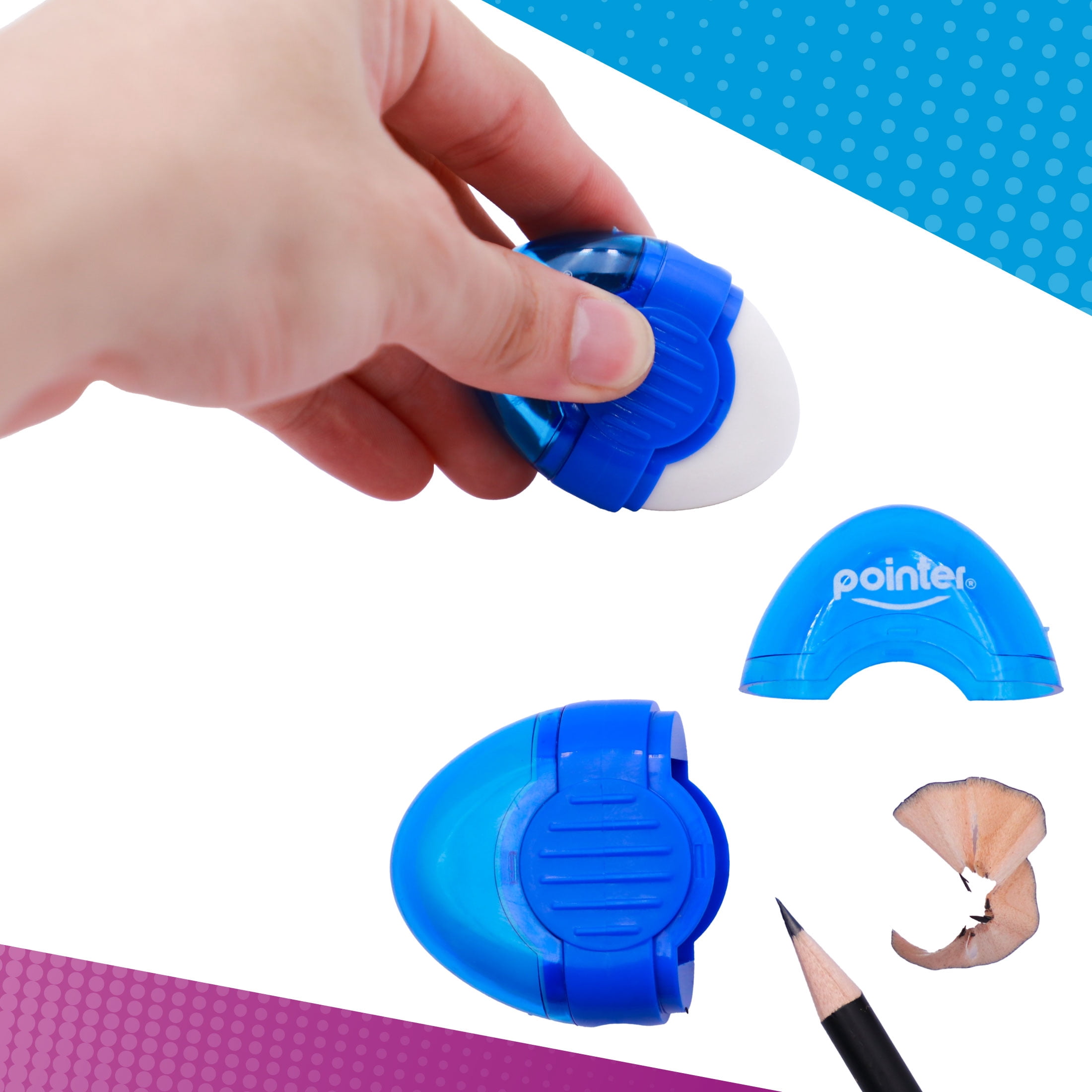 Pointer Handheld Manual Pencil Sharpeners, Oval‑Shaped, Single‑Hole, 2‑in‑1 Eraser and Container, Assorted Colors, 24 Count, 1 pack