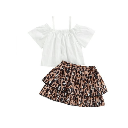 

Yinyinxull Kids Baby Girls 2Pcs Skirt Sets Short Sleeve Off-Shoulder Sling Plain Tops Leopard Layered Short Skirt White 3-6 Months