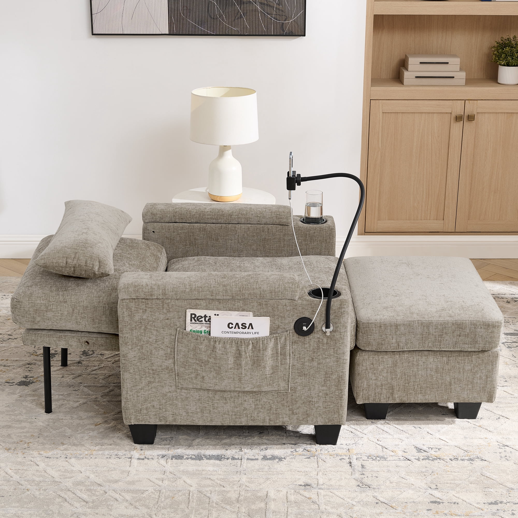 Recliner Chair with Adjustable Backrest, Cup Holders, USB Charging Port, Phone Stand, Arm Storage and Storage Ottoman