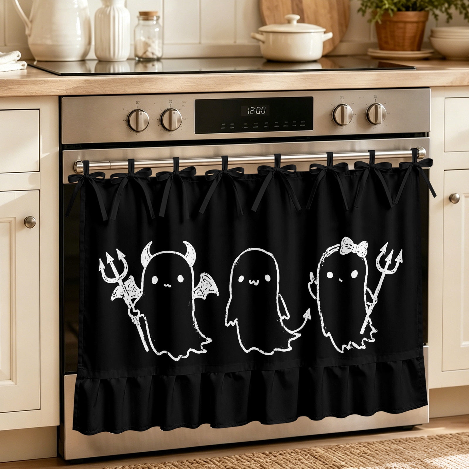 Oven Curtain for Kitchen Halloween Funny Ghost with Forks Stove Curtain With Ruffled Trim Dishwasher Curtains White Devil Sketch on Black Oven Skirt 30 x21.5