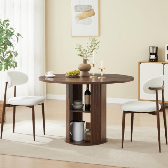 Dining Table Set for 2-4, Round Kitchen Table with 2 Chairs and Storage Shelf, Velvet Upholstered Chairs, 47.2-Inch Round, 200 Lbs Capacity, for Dining Room Living Room Cafe, Walnut